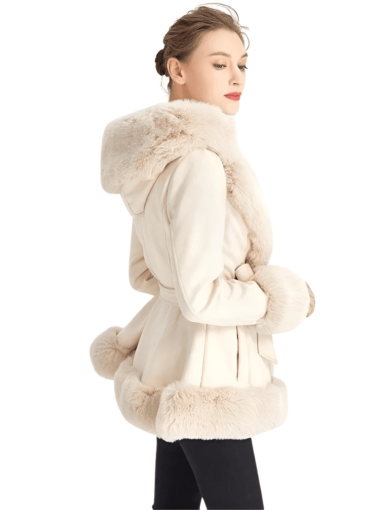 Hooded Fur Coats For Women With Belt and Fur Lining Inside -, Coats , Drestiny , Australia, Beige, Black, Brown, Camel, Canada, Coats, Jackets, L, M, New Zealand, S, United Kingdom, United States, XL, XXL, XXXL , Drestiny , www.shopdrestiny.com