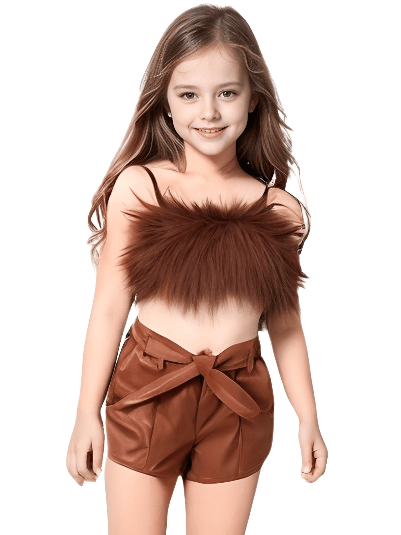 Kid Girl's Shorts Sets Outfit - Sleeveless Plush Crop Top + Faux Leather Shorts with Belt Set -, Baby & Toddler Outfits , Drestiny , 24M, 2T, 3T, 4T, 5T, 6T, Australia, Black, Brown, Canada, Casual Shirts, Crop Tops, New Zealand, Pink, Sets, Short Sets, Shorts, Sleeveless, United Kingdom, United States, Yellow , Drestiny , www.shopdrestiny.com