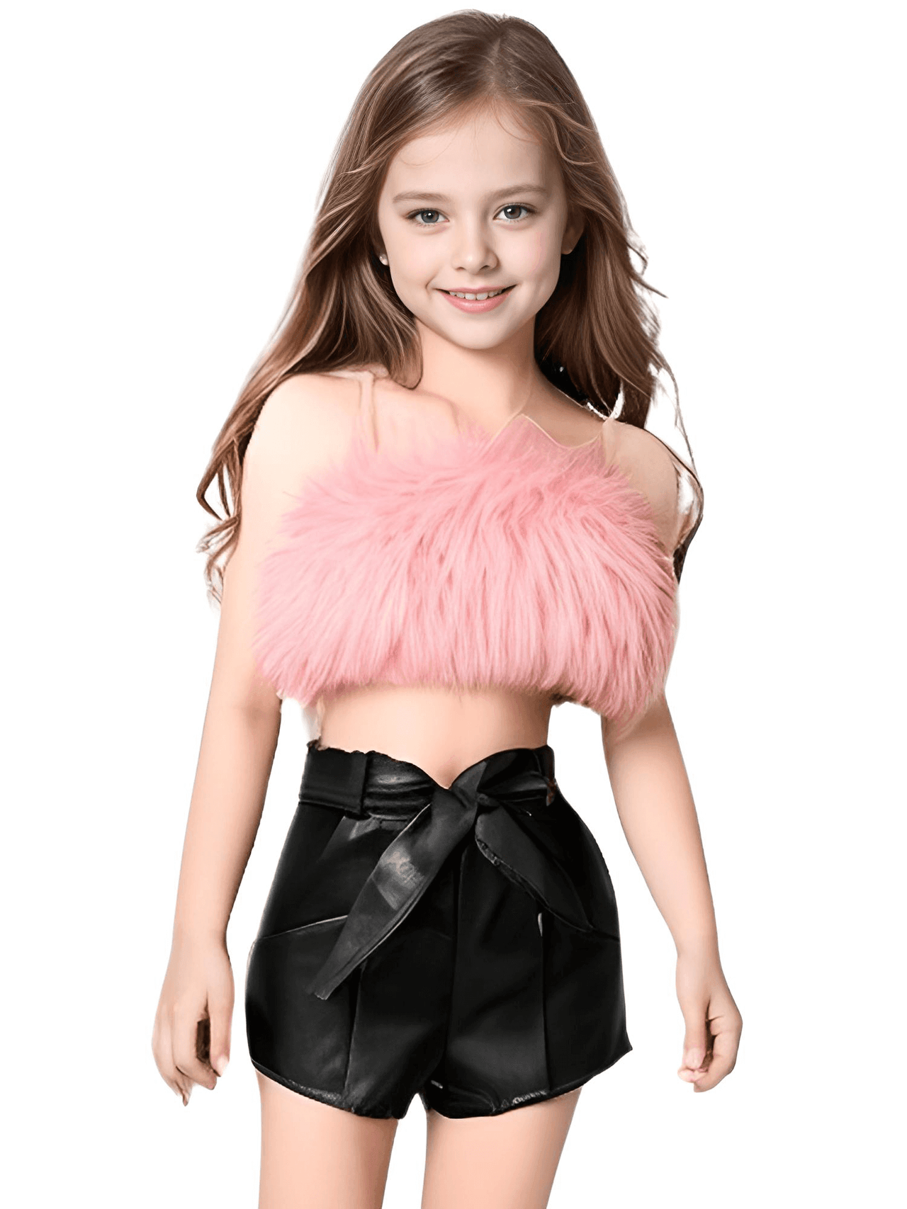 Kid Girl's Shorts Sets Outfit - Sleeveless Plush Crop Top + Faux Leather Shorts with Belt Set -, Baby & Toddler Outfits , Drestiny , 24M, 2T, 3T, 4T, 5T, 6T, Australia, Black, Brown, Canada, Casual Shirts, Crop Tops, New Zealand, Pink, Sets, Short Sets, Shorts, Sleeveless, United Kingdom, United States, Yellow , Drestiny , www.shopdrestiny.com