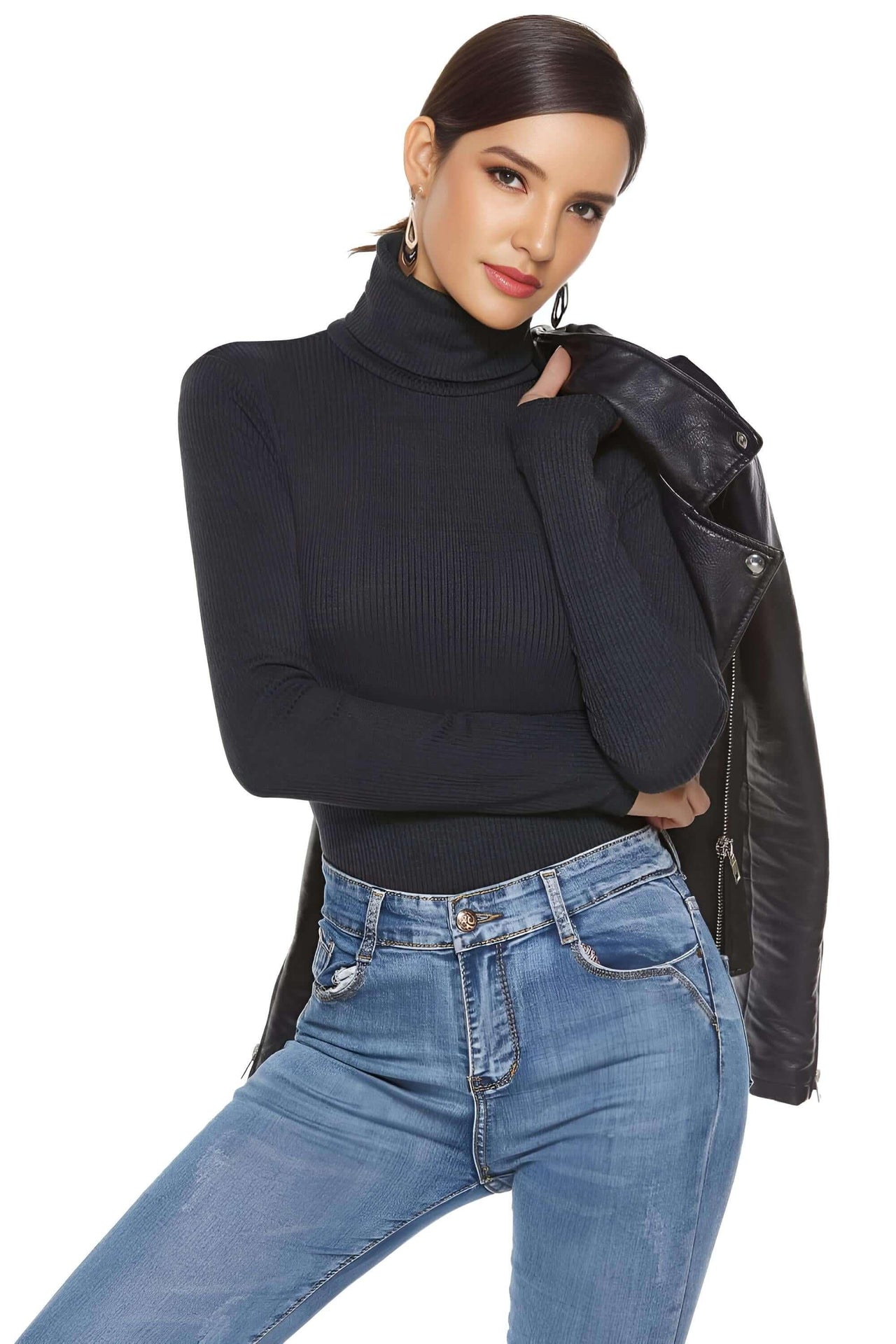 Long Sleeve Rib Knit Turtleneck Bodysuits For Women -, Bodysuits , Drestiny , 4XL, 5XL, Black, Bodysuits, Dark Green, Dark Red, FR, L, Long Sleeves, M, Navy, S, Turtlenecks, United Kingdom, United States, XL, XXL, XXXL , Drestiny , www.shopdrestiny.com