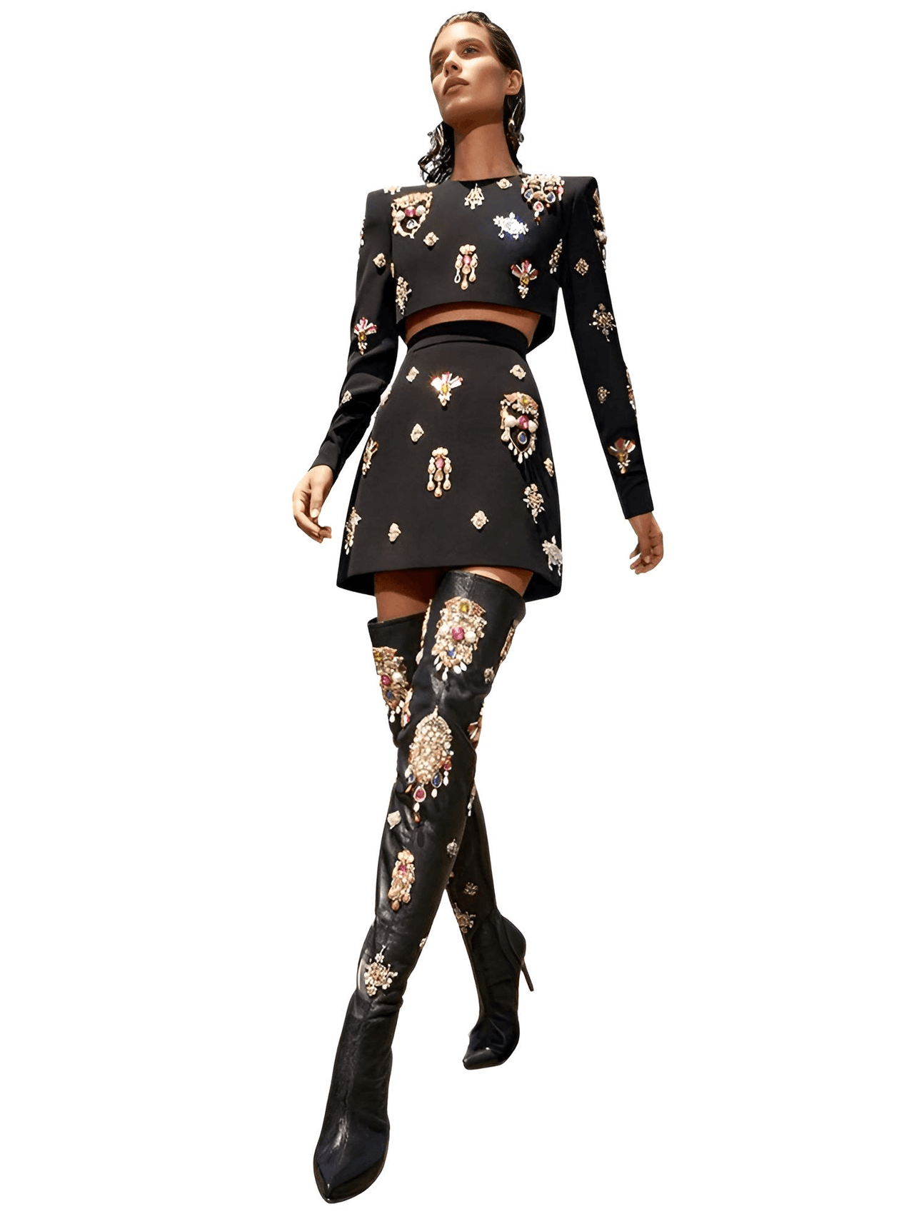 Luxury Colorful Diamond Beaded Long Sleeve Black Short Top + Skirt Two-Piece Set -, Skirt Sets , Drestiny , Australia, Black, Canada, Crop Tops, Dress Shirts, Gold, L, Long Sleeves, M, New Zealand, Red, S, Sets, Silver, Skirt Sets, Skirts, United Kingdom, United States, White, XL, XXL , Drestiny , www.shopdrestiny.com