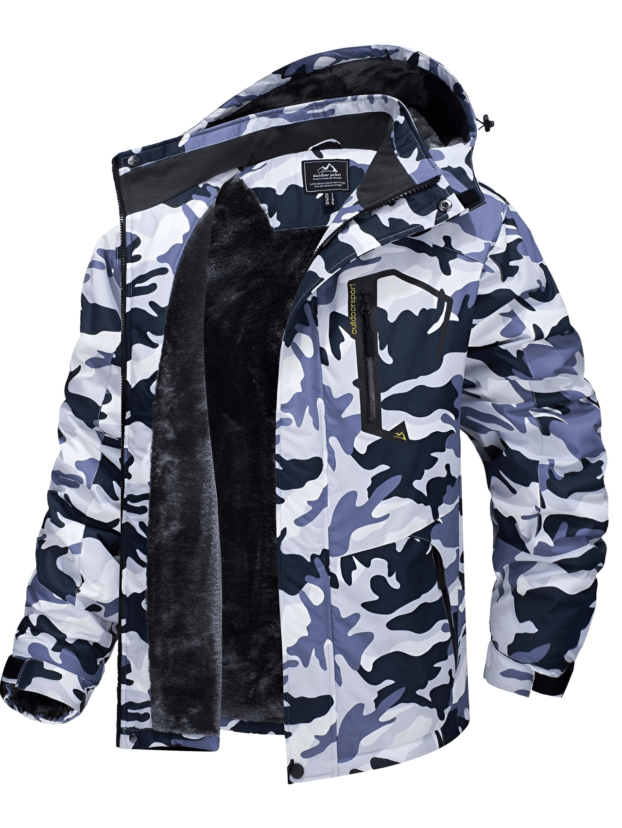 Men's Fleece Lined Grey and Black Camo Mountaineering Hooded Jackets