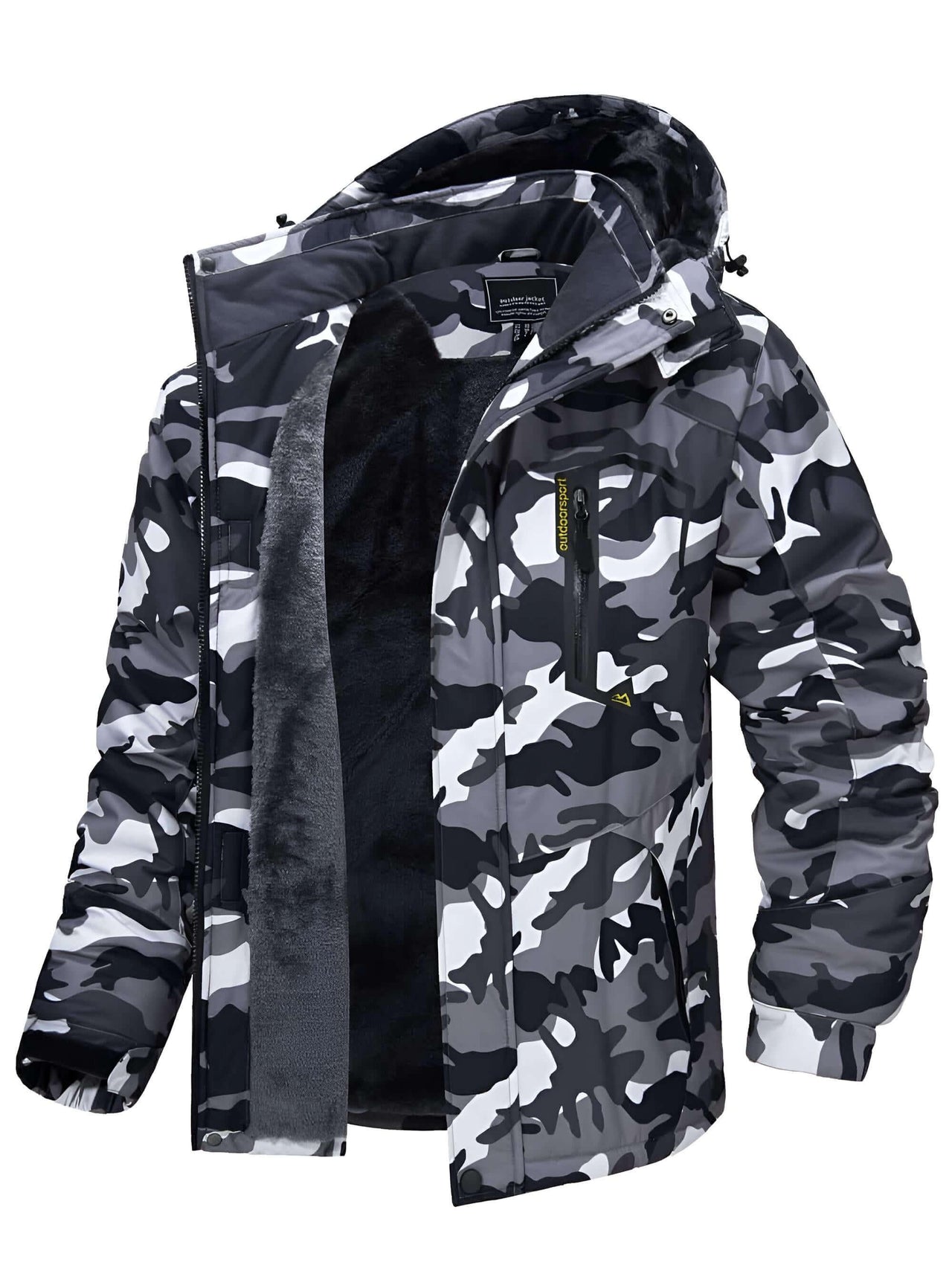 Men's Fleece Lined Black Camo Mountaineering Hooded Jackets