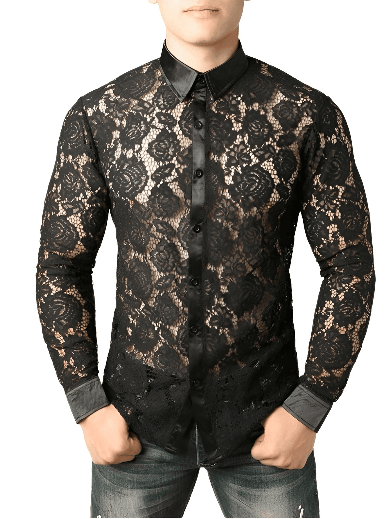 Men's See Through Black Lace Shirt -, Shirts , Drestiny , Australia, Black, Canada, Casual Shirts, Dress Shirts, FR, L, Long Sleeves, M, New Zealand, S, United Kingdom, United States, XL, XXL , Drestiny , www.shopdrestiny.com