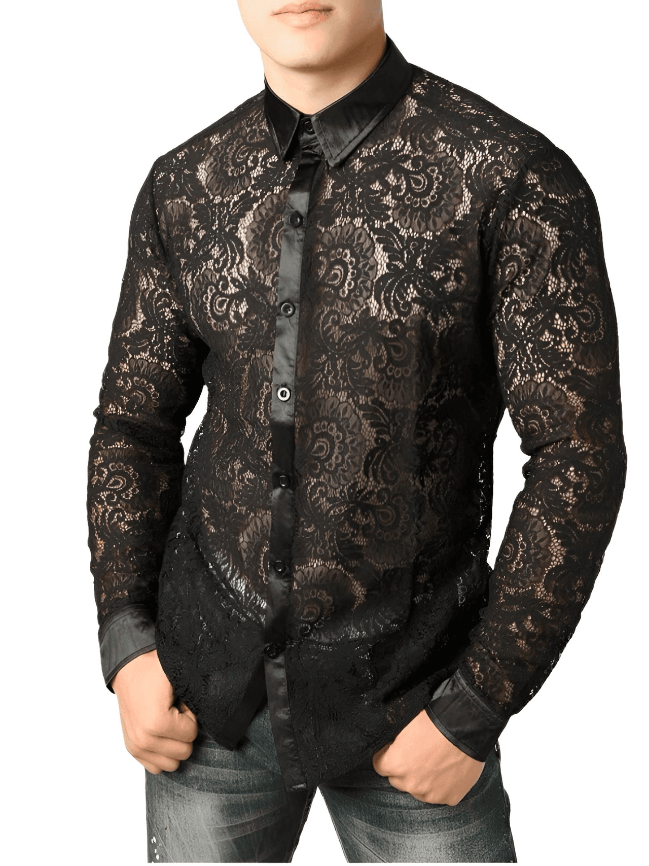 Men's See Through Black Lace Shirt -, Shirts , Drestiny , Australia, Black, Canada, Casual Shirts, Dress Shirts, FR, L, Long Sleeves, M, New Zealand, S, United Kingdom, United States, XL, XXL , Drestiny , www.shopdrestiny.com