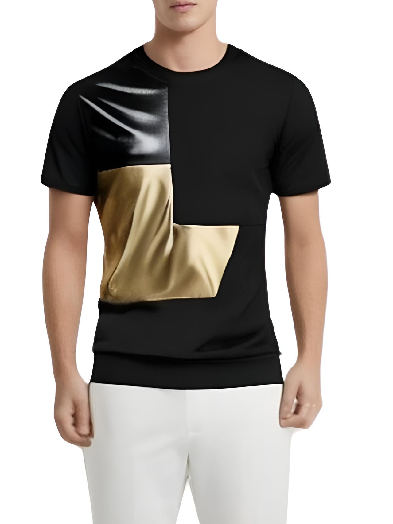 Men's Glossy Metallic Gold Colorblock Patchwork Cotton Tee Shirt