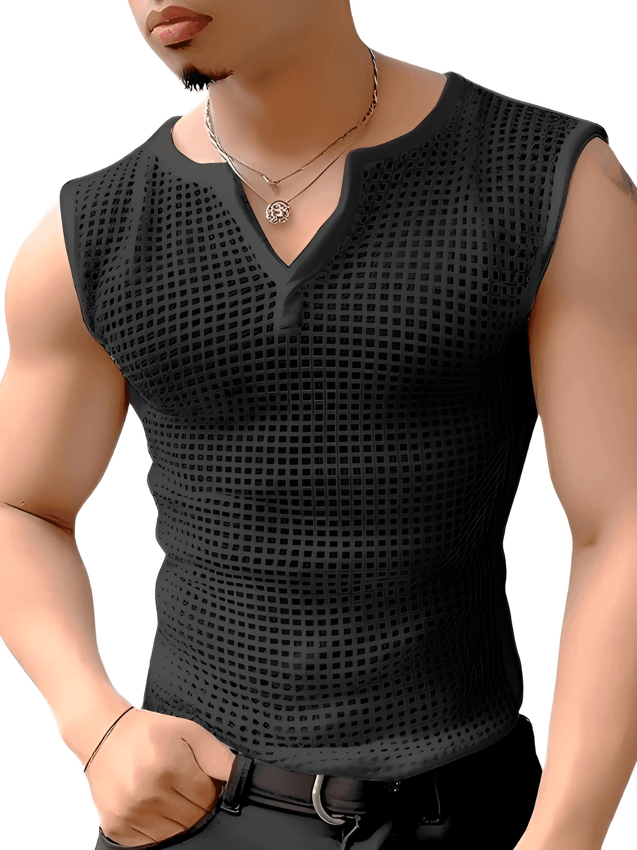 Men's Mesh Hollow Out Solid V Neck Tank Top