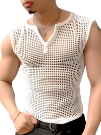 Thumbnail for Men's Mesh Hollow Out Solid V Neck Tank Top