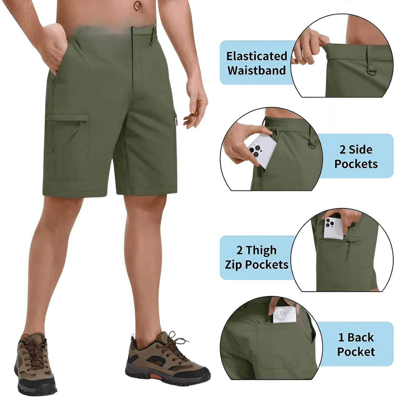 Moisture Wicking Casual Shorts Mens Cargo Work Shorts Rip-Stop