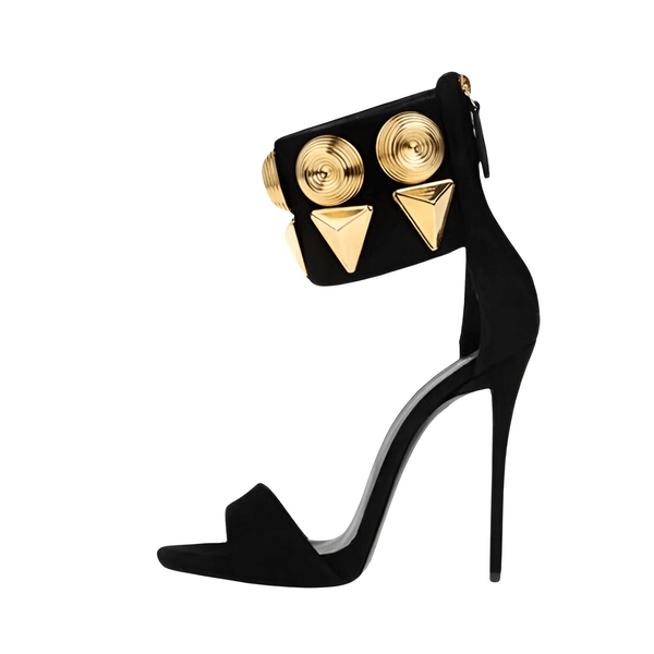 Indulge in elegance with these new gold metal rivet black suede stiletto sandals for women. Shop the collection of stylish heels at Drestiny and enjoy free shipping, along with tax coverage. Hurry, save up to 50% off before they're gone!