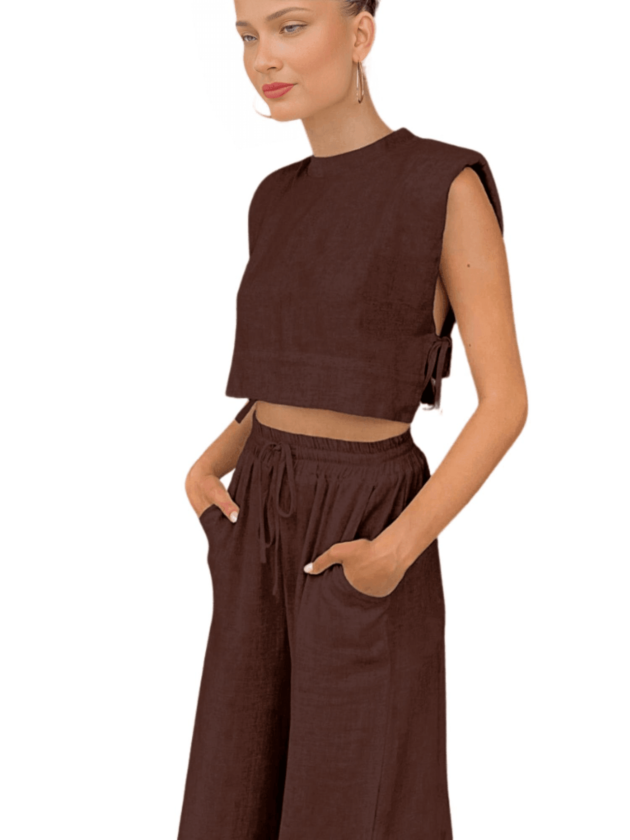 Pants & Laced Sides Crop Top 2-Piece Matching Set For Women -, Outfit Sets , Drestiny , Australia, Beige, Brown, Canada, Casual Pants, Casual Shirts, Crop Tops, Deep Pink, FR, L, Linen, M, New Zealand, Pant Sets, S, Sleeveless, United Kingdom, United States , Drestiny , www.shopdrestiny.com