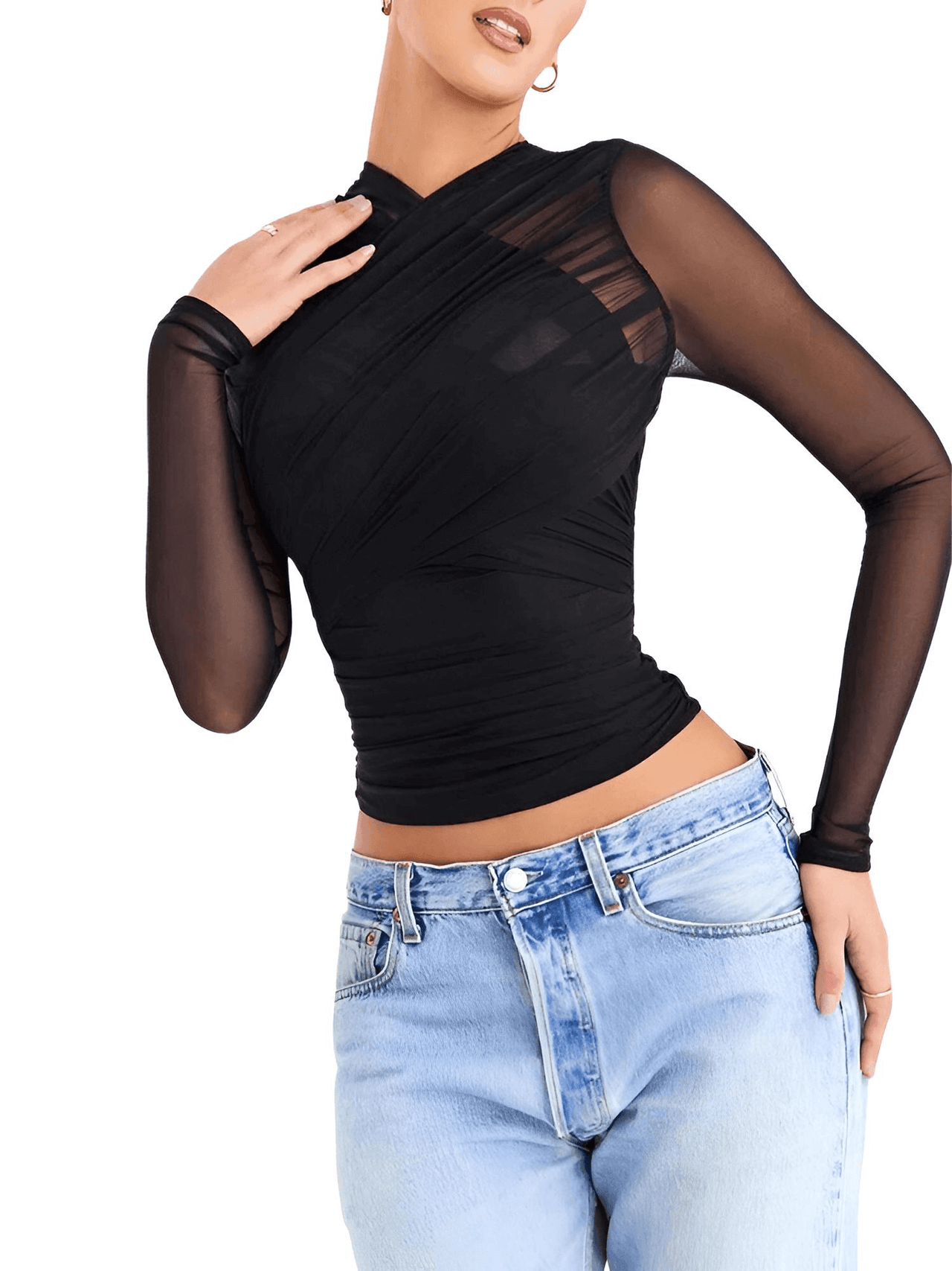 Sheer Mesh Long Sleeve Shirt For Women -, Shirts , Drestiny , Australia, Black, Canada, Casual Shirts, Crop Tops, Dress Shirts, Green, Ivory, L, Long Sleeves, M, New Zealand, Off White, S, United Kingdom, United States , Drestiny , www.shopdrestiny.com