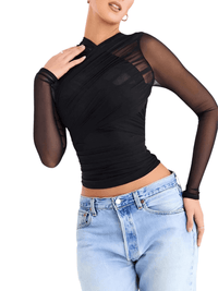 Thumbnail for Sheer Mesh Long Sleeve Shirt For Women -, Shirts , Drestiny , Australia, Black, Canada, Casual Shirts, Crop Tops, Dress Shirts, Green, Ivory, L, Long Sleeves, M, New Zealand, Off White, S, United Kingdom, United States , Drestiny , www.shopdrestiny.com