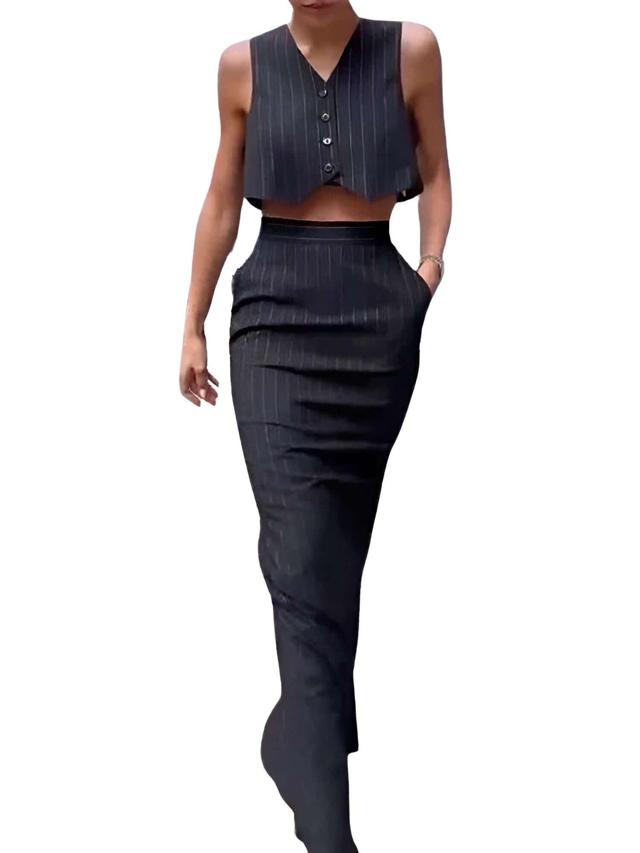 Elegant Sleeveless Single Breasted Button Vest & A Line Black Skirt Set For Women -, Outfit Sets , Drestiny , Australia, Black, Crop Tops, L, M, S, Sets, Skirt Sets, Skirts, Sleeveless, United Kingdom, United States, Vests, XL, XS , Drestiny , www.shopdrestiny.com