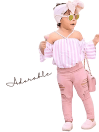 Thumbnail for Girl's Stripe Camisole Bow Top + White Hole Denim Like Pants Kids 2 Piece Outfits -, Baby & Toddler Outfits , Drestiny , 12M, 2T, 3T, 4T, 5T, 6T, 7T, Australia, Black, Camisoles, Canada, Casual Pants, Casual Shirts, Crop Tops, Girls, Jeans, Light Purple, New Zealand, Pant Sets, Pink, Purple, Sets, TD, United Kingdom, United States, White , Drestiny , www.shopdrestiny.com