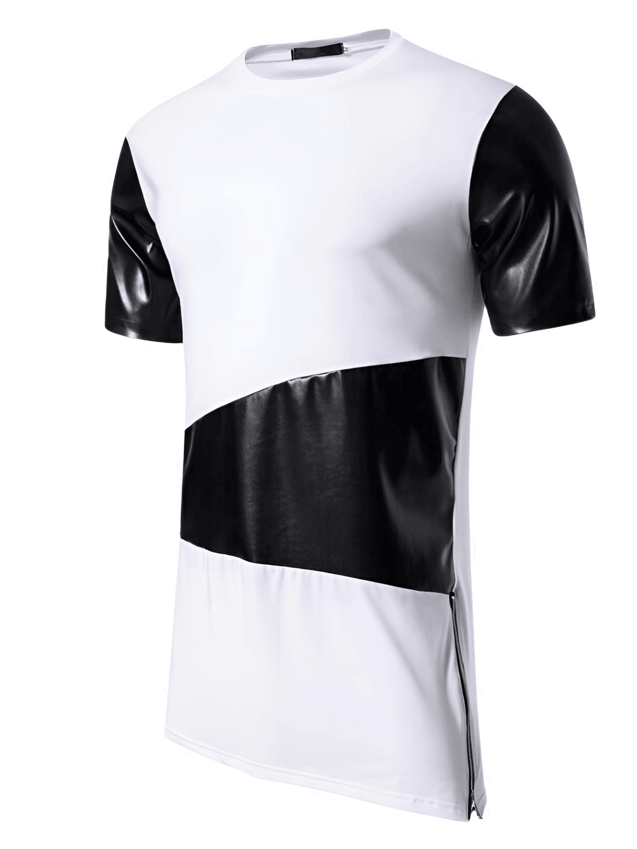 Side Zipper Longline Leather Patchwork Streetwear T-Shirt for Men -, T-Shirt , Drestiny , Australia, Black, Casual Shirts, FR, L, M, New Zealand, S, Short Sleeves, T-Shirts, United Kingdom, United States, White, XL, XXL , Drestiny , www.shopdrestiny.com