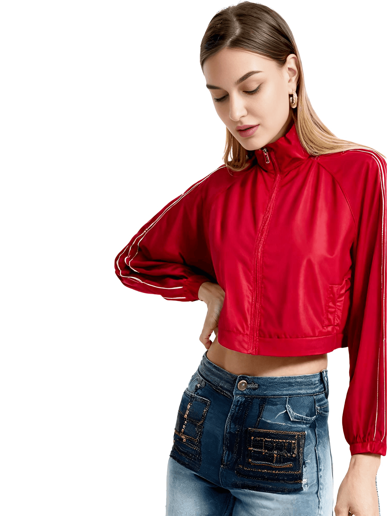 Side Zipper Straight Pant Loose Red Wide Leg Pants + Jacket Fashion Streetwear