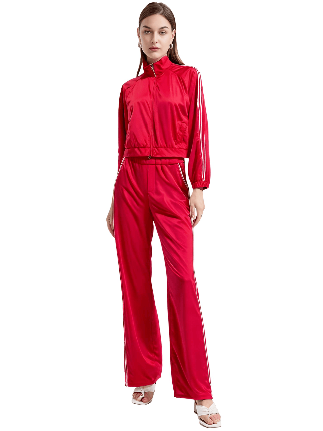 Side Zipper Straight Pant Loose Red Wide Leg Pants + Jacket Fashion Streetwear