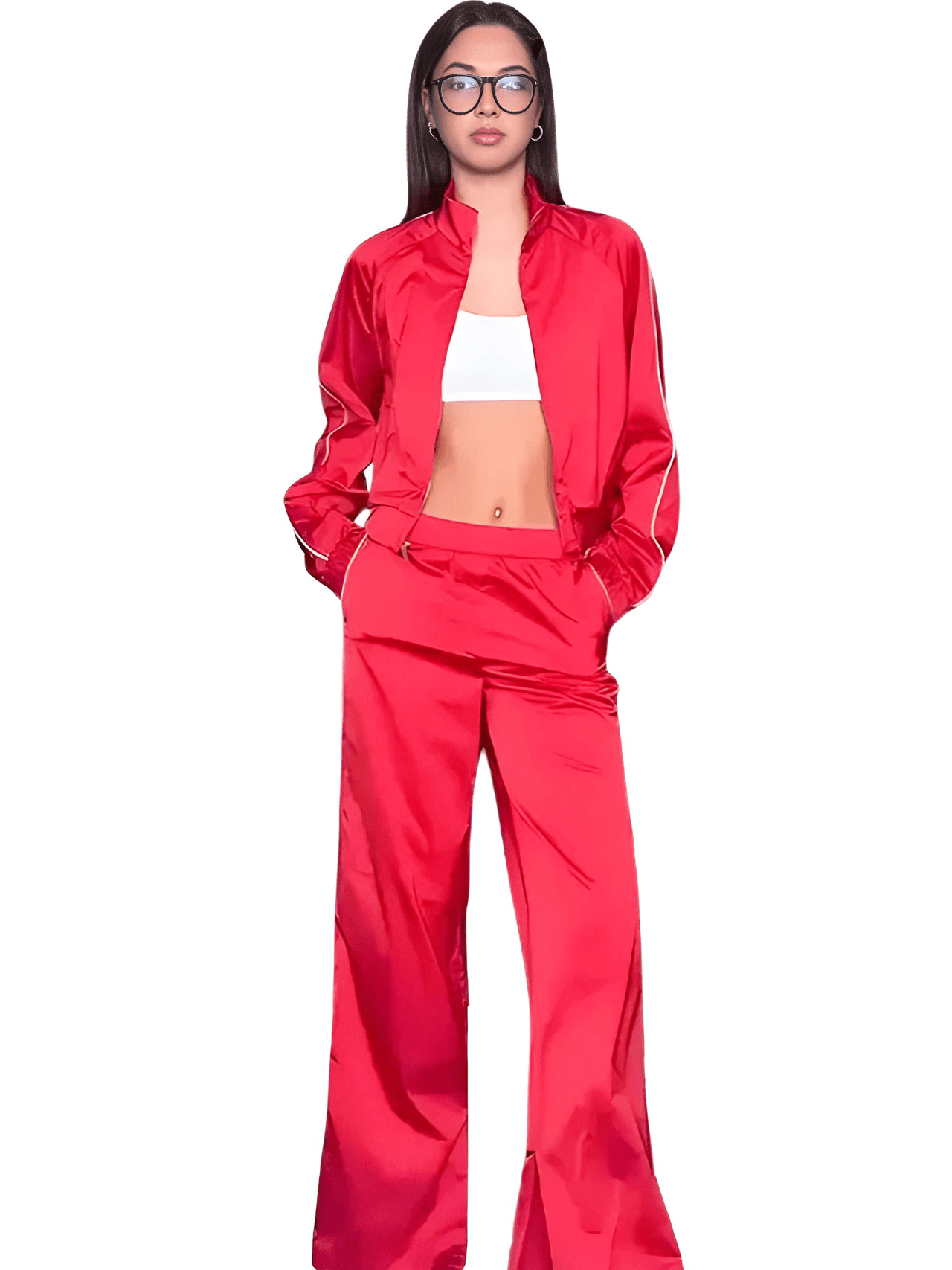 Side Zipper Straight Pant Loose Red Wide Leg Pants + Jacket Fashion Streetwear