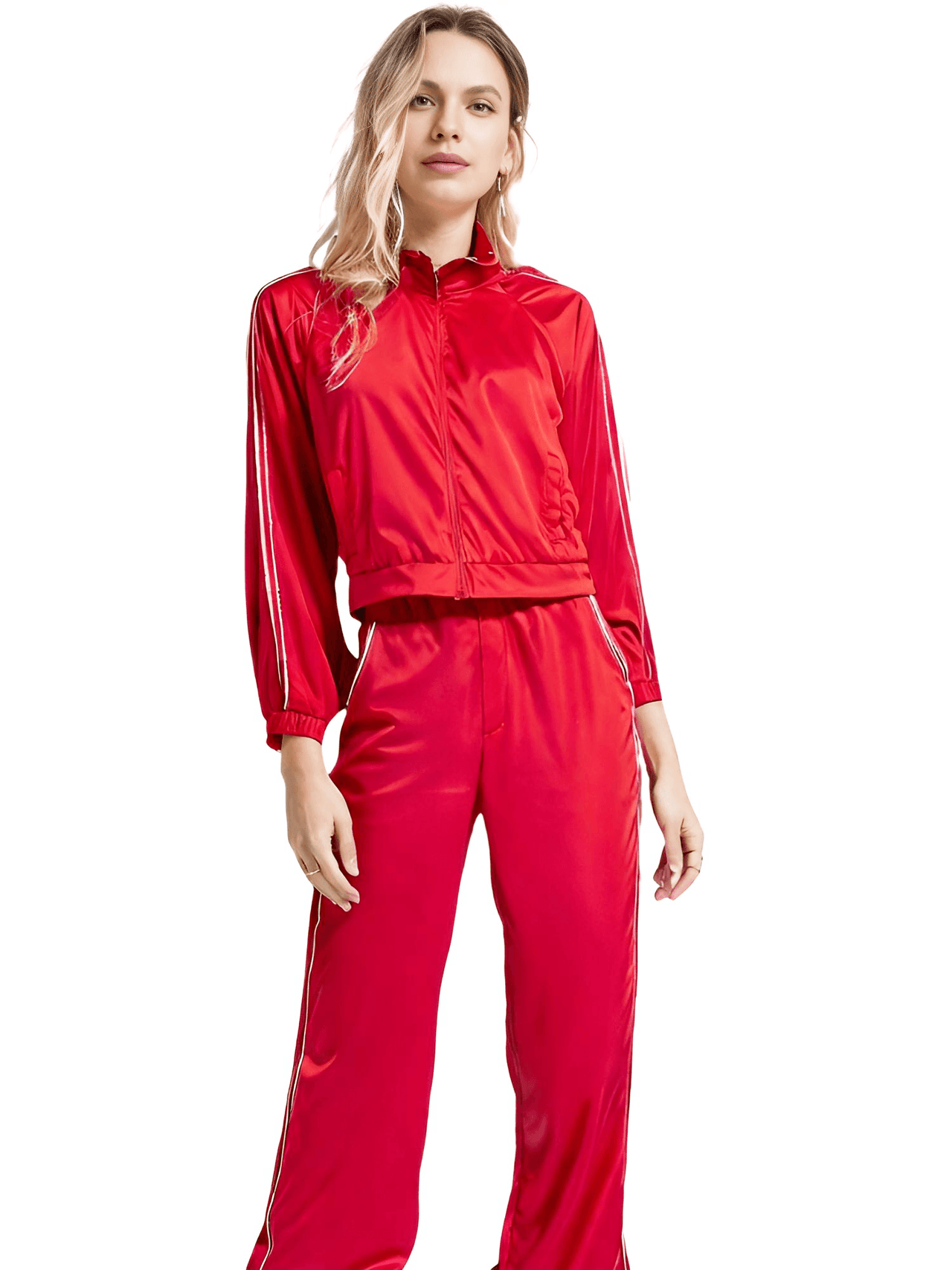 Side Zipper Straight Pant Loose Red Wide Leg Pants + Jacket Fashion Streetwear