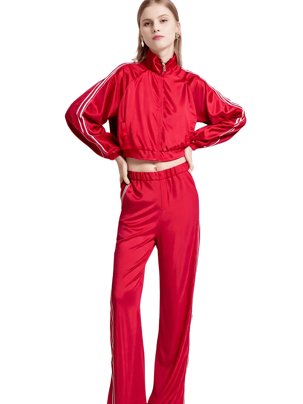 Side Zipper Straight Pant Loose Red Wide Leg Pants + Jacket Fashion Streetwear