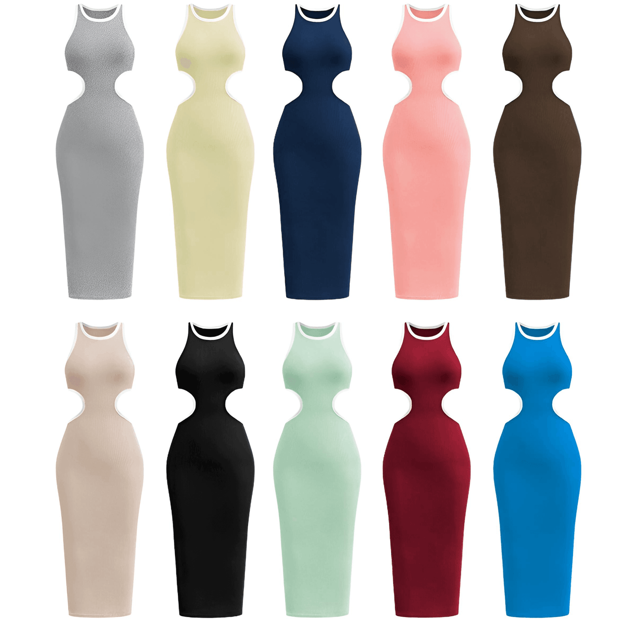 Sleeveless Ribbed Cut Out Midi Dress For Women -, Dresses , Drestiny , Apricot, Australia, Black, Blue, Brown, Grey, L, Light Green, M, Melon, Midi Dresses, Navy, Pink, S, Sleeveless, United Kingdom, United States, Wine Red, XL , Drestiny , www.shopdrestiny.com