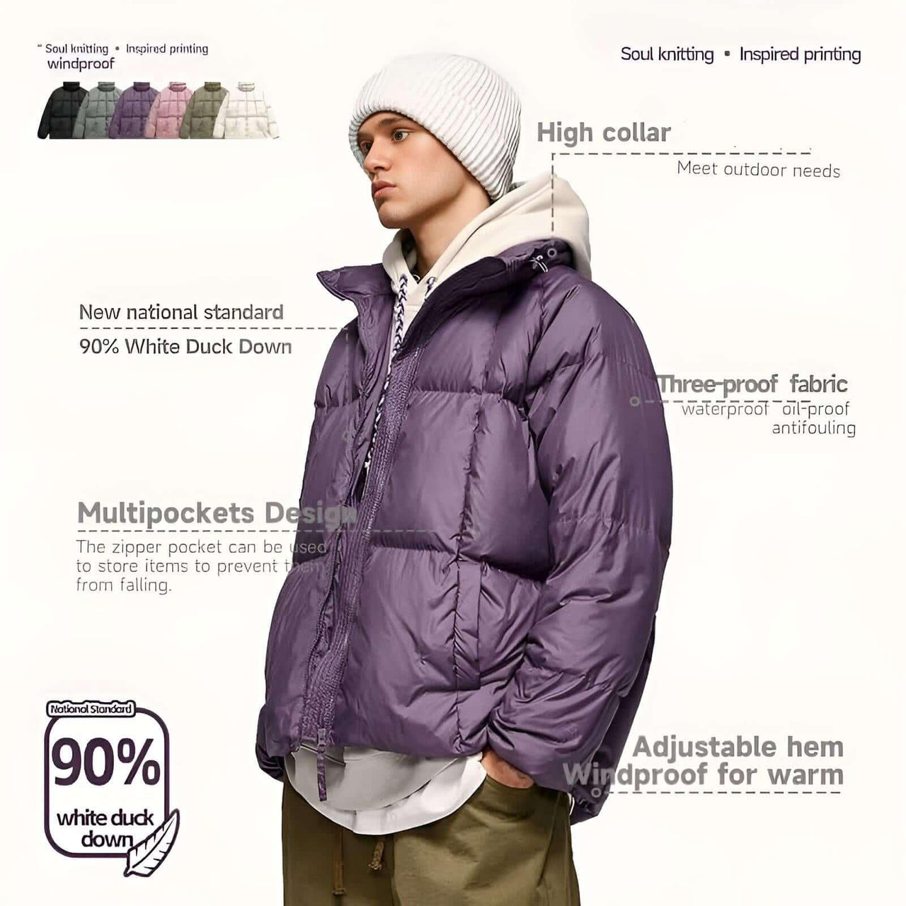 Solid Color Windproof White Duck Down Puffer Jackets for Men & Women -, Puffer Jackets , Drestiny , Australia, Black, Coats, FR, Green, Grey, Jackets, New Zealand, Pink, Puffer Jackets, Purple, United Kingdom, United States, White , Drestiny , www.shopdrestiny.com