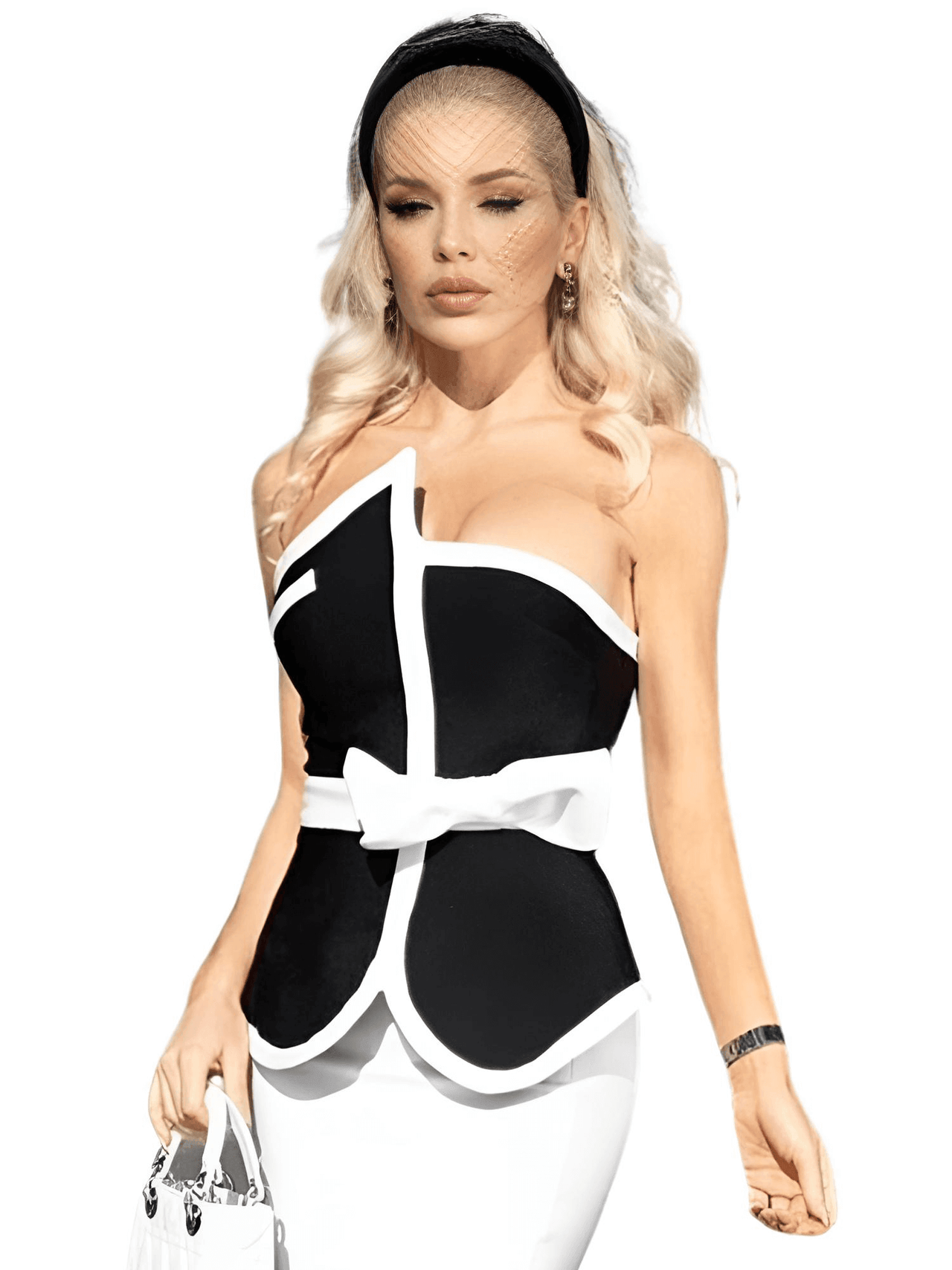 Strapless & Sleeveless Patchwork Bandage Top With Bow -, Dress Shirt , Drestiny , Australia, Black, Canada, Dress Shirts, L, M, New Zealand, S, Sleeveless, Strapless, United Kingdom, United States, White, XS , Drestiny , www.shopdrestiny.com