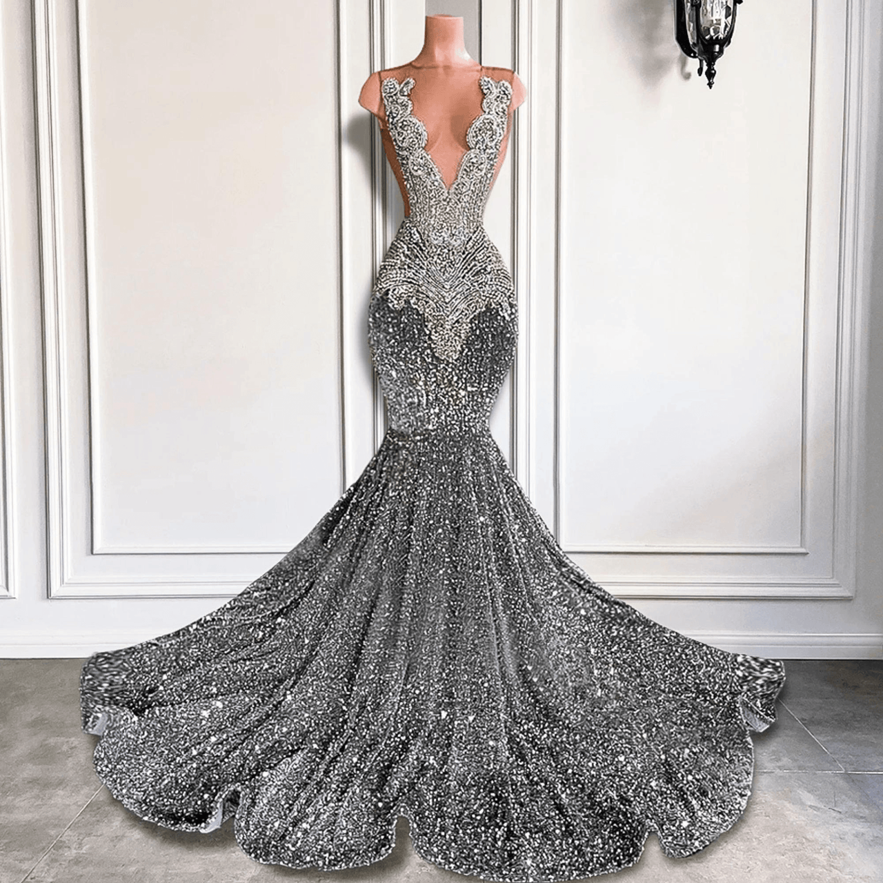 The Diamond Veil: Sequined Couture Evening Gown, Drestiny, Maxi Dresses, Sleeveless, 2, 4, 6, 8, 10, 12, 14, 16, Prom Dresses, Couture Dresses, United States, USA, Canada, Australia, United Kingdom, UK, Royal Blue, Pink, Grey, Silver, custom couture gown designers, bespoke evening gowns, luxury custom dressmakers, couture gowns, shopdrestiny.com