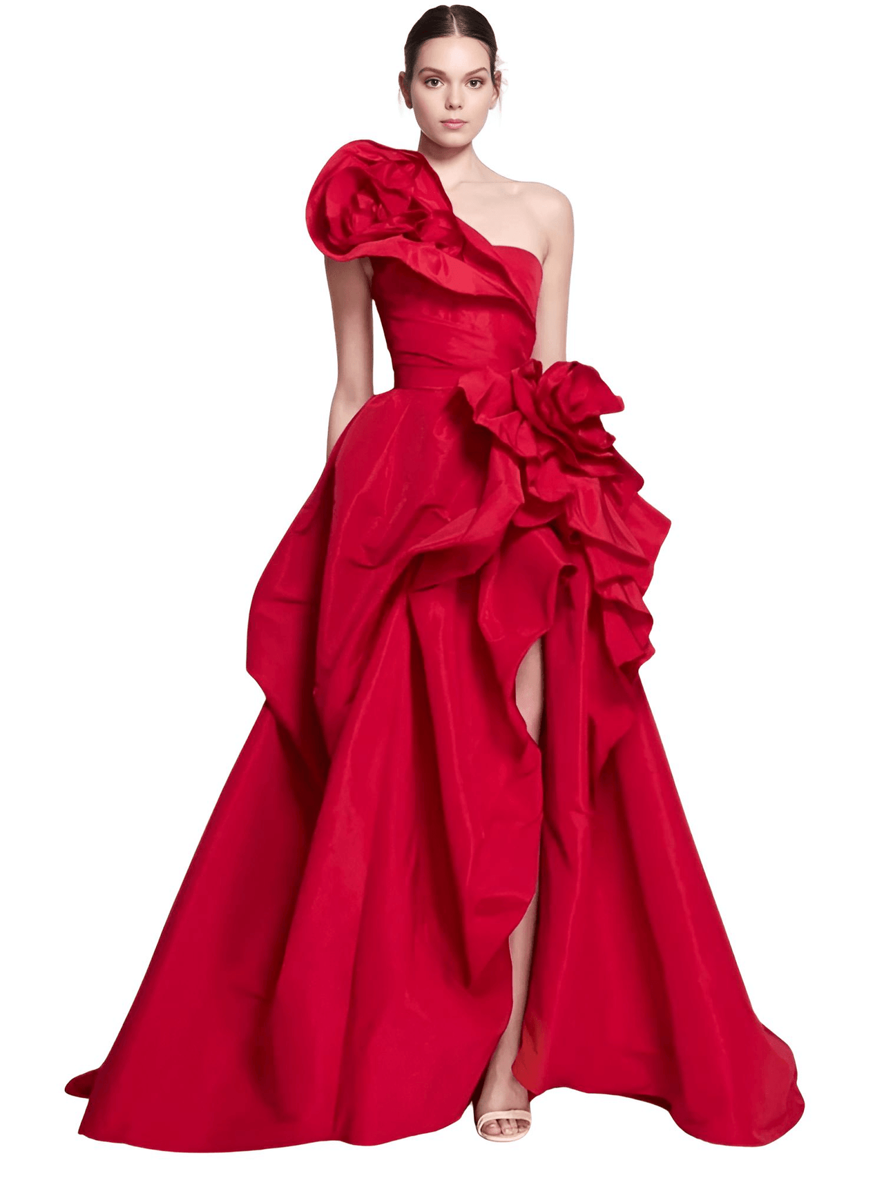 The Signature Dahlia: Custom Red Satin Couture Gown, Drestiny, Maxi Dresses, Sleeveless, One Shoulder, Red, Custom Colors, Custom-Made, USA, United States, Canada, Australia, New Zealand, United Kingdom, UK, 2, 4, 6, 8, 10, 12, 14, 16, 18, 20, 22, 24, 26, 28, 14W, 16W, 18W, 20W, 22W, 24W, 26W, 28W, Custom Sizing, Red satin one shoulder prom dress, 3D flower prom dress, Custom red formal dress, a-line red evening gown, Elegant one shoulder party dress red, shopdrestiny.com