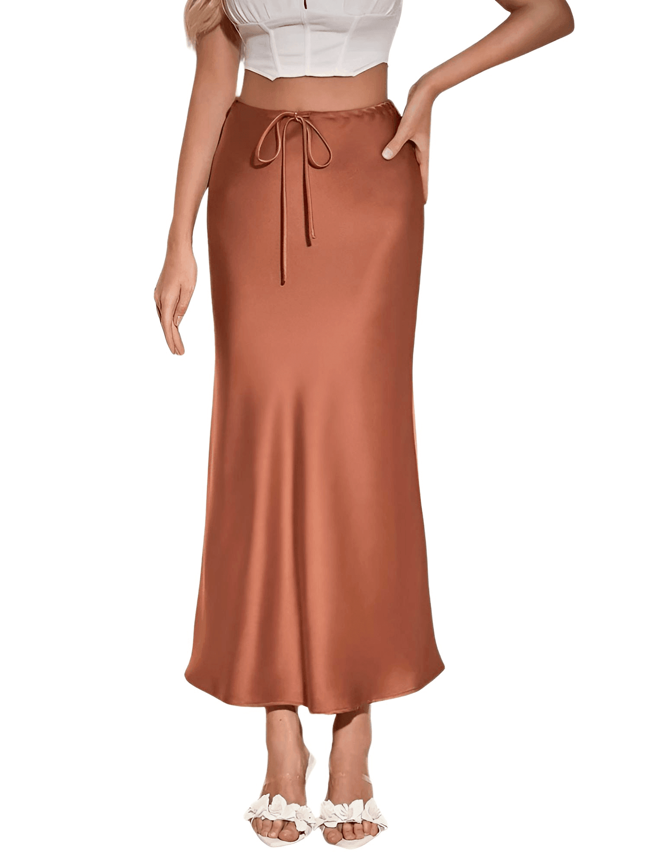 Trendy High Waist A Line Long Satin Skirts For Women -, Skirts, Drestiny, Australia, Brown, Chocolate, Grey, Black, Beige, Dark Green, Army Green, Navy Blue, Blue Grey, Wine Red, Champagne, FR, Grey, L, M, New Zealand, S, Skirts, United Kingdom, United States, XL, Drestiny, long satin skirt, satin maxi skirt, silk satin skirt, satin slip skirt maxi, brown satin maxi skirt, www.shopdrestiny.com