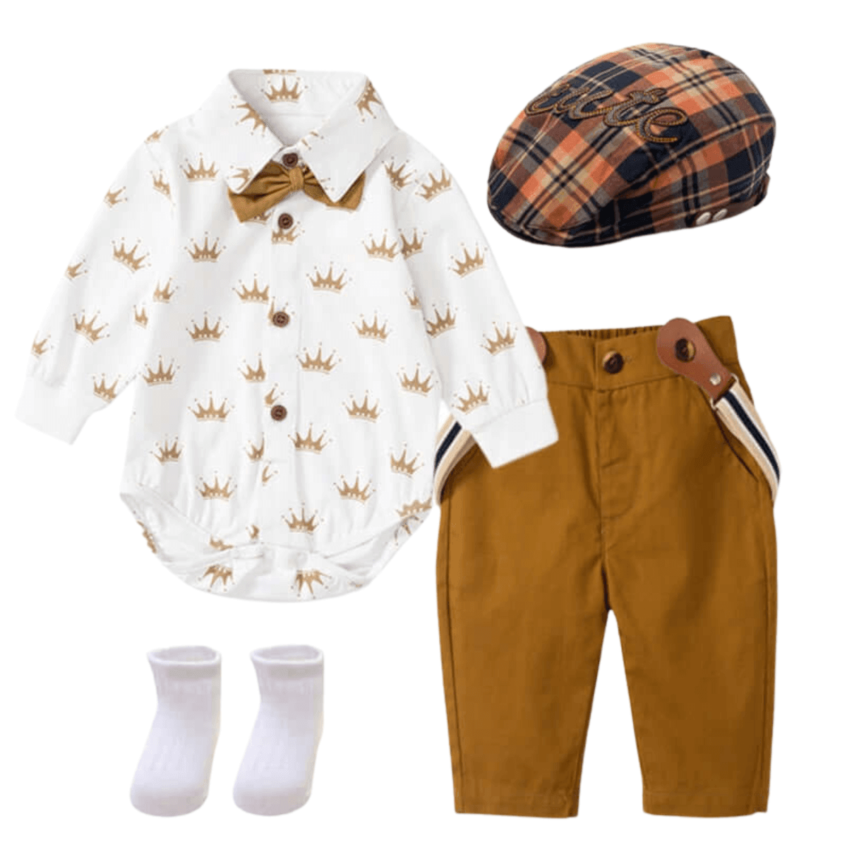 Baby Boy White Crown Romper + Pants with Suspenders -, Baby & Toddler Outfits , Drestiny , 0M, 12M, 18M, 24M, 3M, 6M, 9M, Australia, Boys, Brown, Canada, New Zealand, Pant Sets, United Kingdom, United States , Drestiny , www.shopdrestiny.com