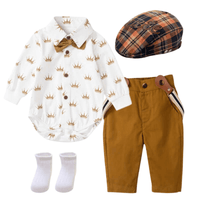 Thumbnail for Baby Boy White Crown Romper + Pants with Suspenders -, Baby & Toddler Outfits , Drestiny , 0M, 12M, 18M, 24M, 3M, 6M, 9M, Australia, Boys, Brown, Canada, New Zealand, Pant Sets, United Kingdom, United States , Drestiny , www.shopdrestiny.com