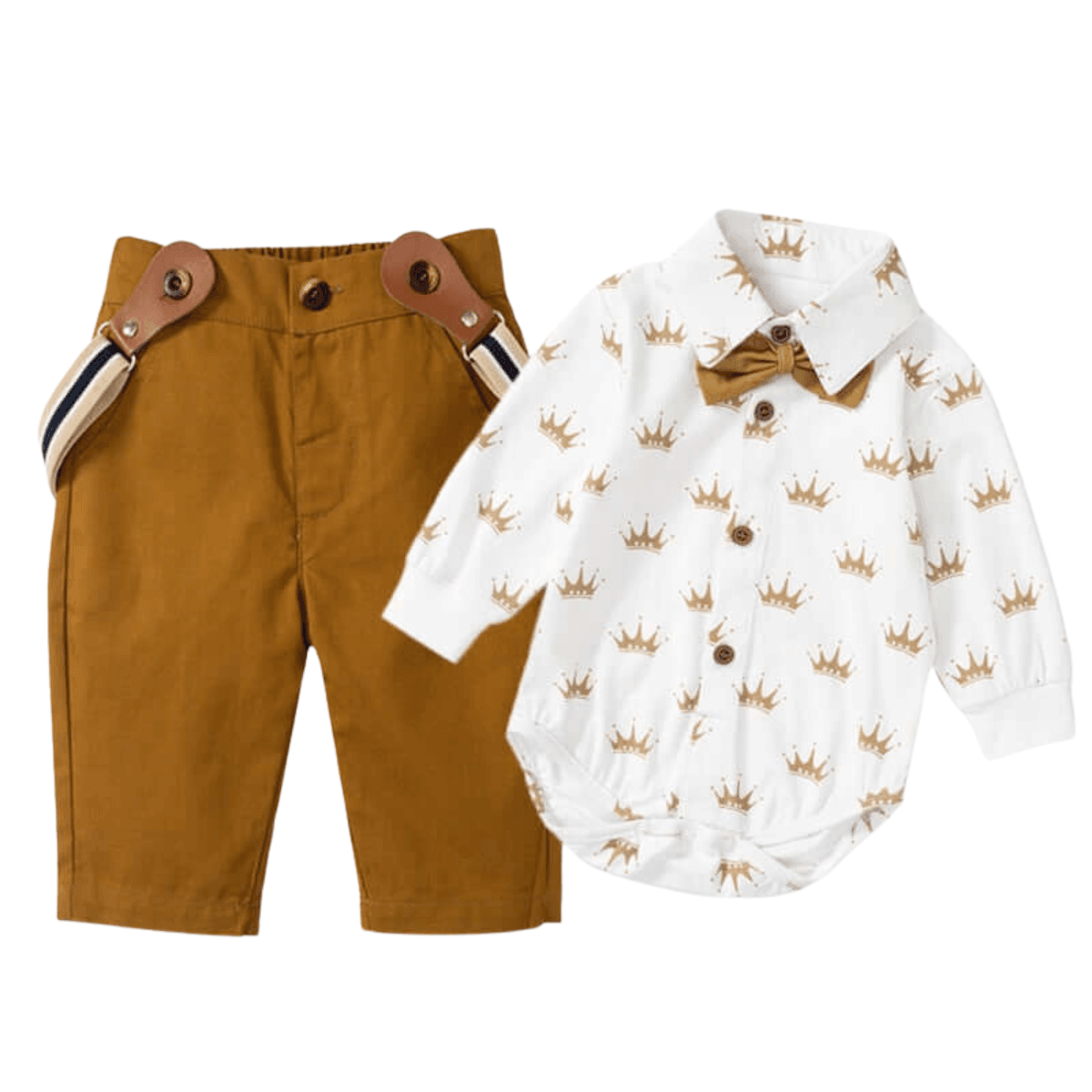 Baby Boy White Crown Romper + Pants with Suspenders -, Baby & Toddler Outfits , Drestiny , 0M, 12M, 18M, 24M, 3M, 6M, 9M, Australia, Boys, Brown, Canada, New Zealand, Pant Sets, United Kingdom, United States , Drestiny , www.shopdrestiny.com