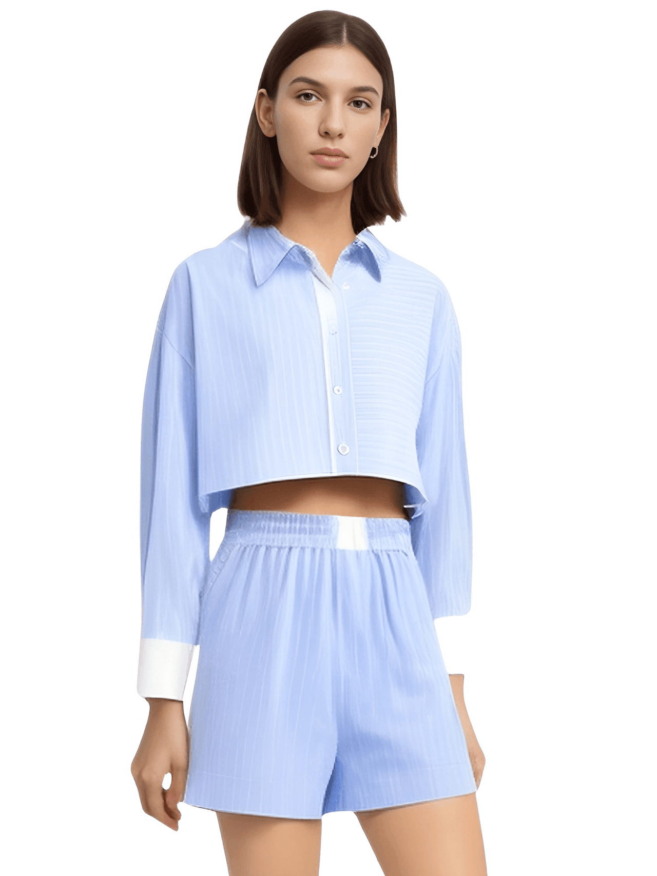 Women's 2-Piece Fashion Stripe Shirt + Casual Shorts Set -, Short Sets , Drestiny , Australia, Blouses, Blue, Casual Shirts, Crop Tops, FR, L, Long Sleeves, M, New Zealand, S, Short Sets, Shorts, United Kingdom, United States, White , Drestiny , www.shopdrestiny.com