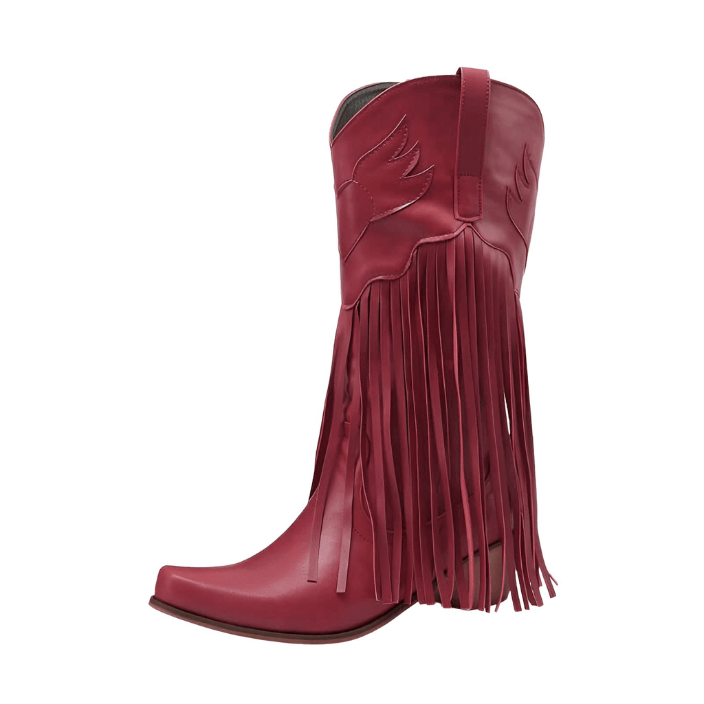 Step out in style with Women's Embroidered Tassel Mid-Calf Wine Red Western Boots at Drestiny. Save up to 50% for a limited time only!