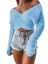 Thumbnail for Stay cozy and stylish in the Women's Blue Fluffy Crop Sweater from Drestiny! Enjoy free shipping and let us cover the tax. Save up to 50% off now!