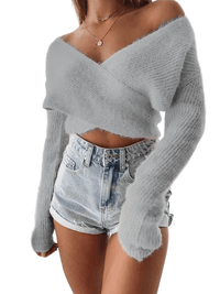 Thumbnail for Stay cozy and stylish in the Women's Grey Fluffy Crop Sweater from Drestiny! Enjoy free shipping and let us cover the tax. Save up to 50% off now!