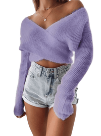 Thumbnail for Stay cozy and stylish in the Women's Purple Fluffy Crop Sweater from Drestiny! Enjoy free shipping and let us cover the tax. Save up to 50% off now!