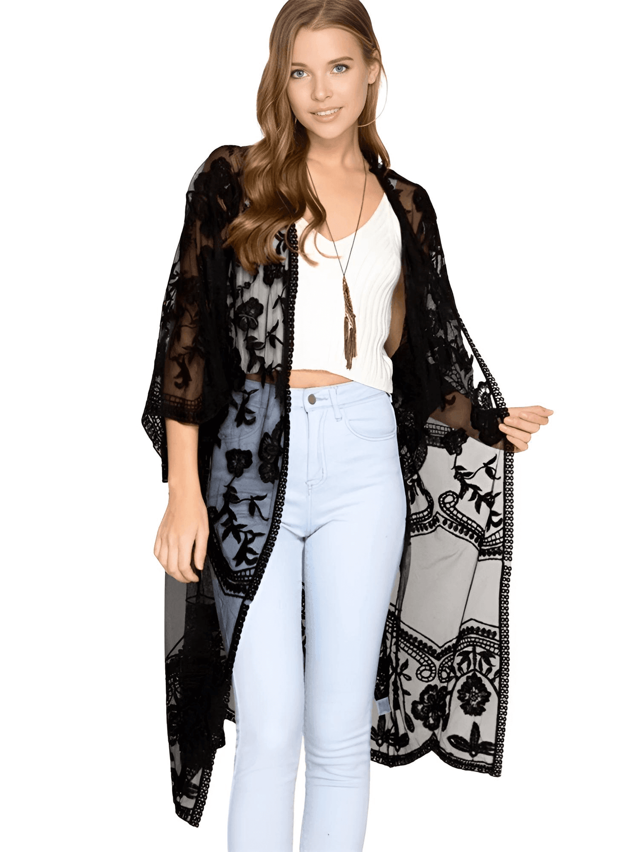 Women's Lace Kimono Top -, Cardigan , Drestiny , Australia, Black, Blouses, Brown, Canada, Dark Blue, Dark Olive Green, Dark Red, Dress Shirts, Gold, Light Blue, New Zealand, Pink, Sienna, United Kingdom, United States, White, Wine Red , Drestiny , www.shopdrestiny.com