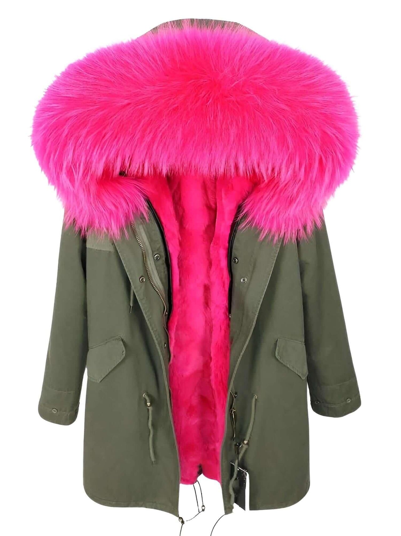 Women's Long Rabbit Fur Parka Real Fur Lining & Real Fox Fur Collar -, Coats , Drestiny , Army Green, Australia, Black, Blue Grey, Brown, Canada, Coats, Deep Pink, Grey, L, M, New Zealand, S, Silver, United Kingdom, United States, White, XL, XXL , Drestiny , www.shopdrestiny.com