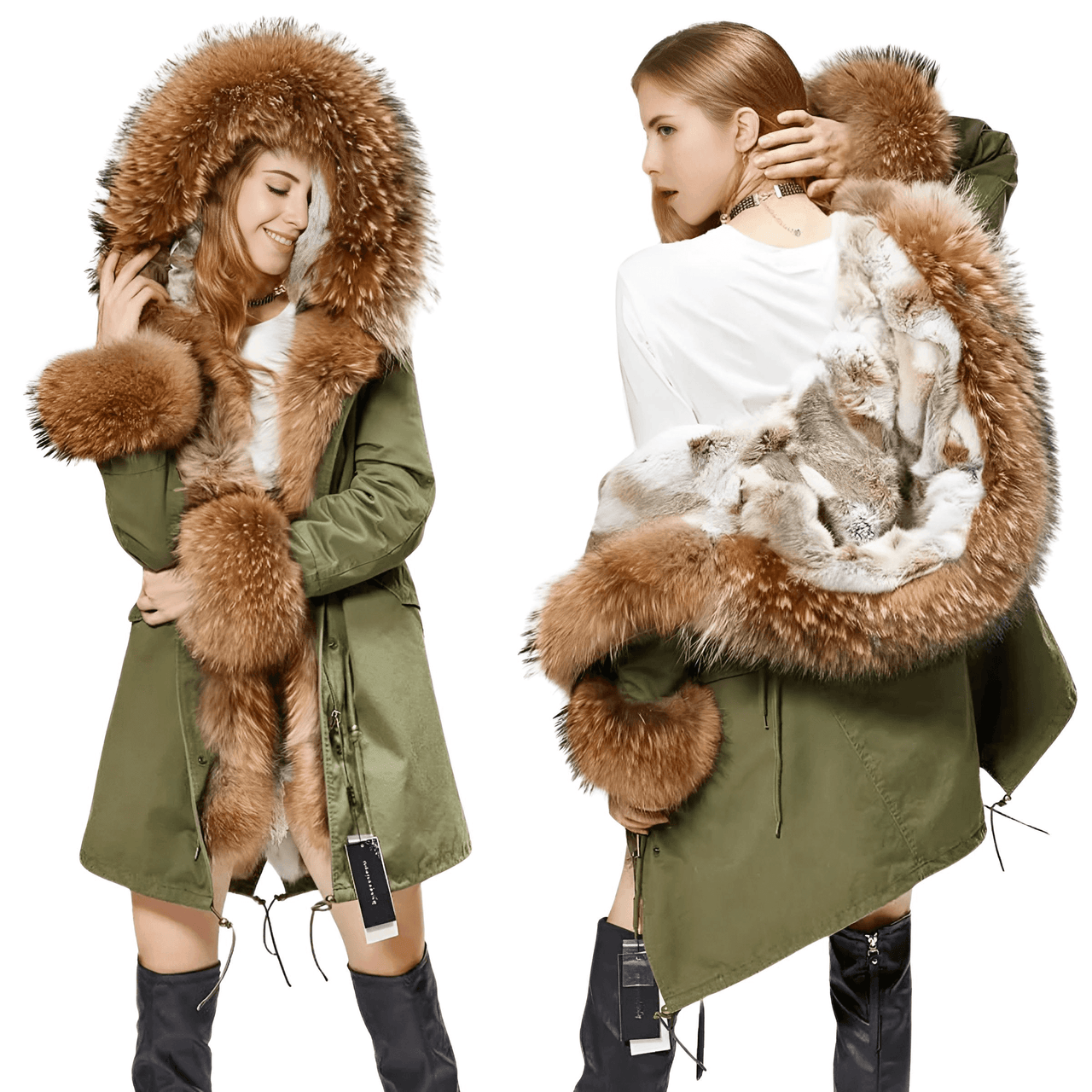 Women's Long Rabbit Fur Parka Real Fur Lining & Real Fox Fur Collar -, Coats , Drestiny , Army Green, Australia, Black, Blue Grey, Brown, Canada, Coats, Deep Pink, Grey, L, M, New Zealand, S, Silver, United Kingdom, United States, White, XL, XXL , Drestiny , www.shopdrestiny.com