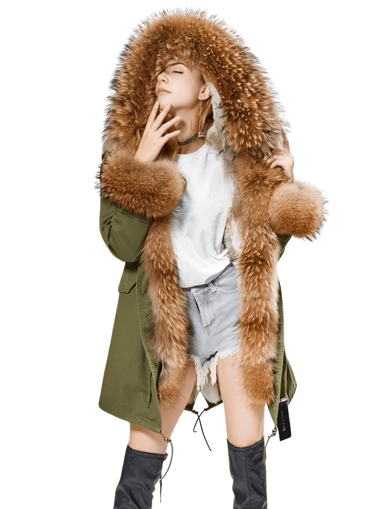 Women's Long Rabbit Fur Parka Real Fur Lining & Real Fox Fur Collar -, Coats , Drestiny , Army Green, Australia, Black, Blue Grey, Brown, Canada, Coats, Deep Pink, Grey, L, M, New Zealand, S, Silver, United Kingdom, United States, White, XL, XXL , Drestiny , www.shopdrestiny.com