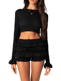 Thumbnail for Women's Long Sleeve Crop Top + Layered Ruffle Shorts 2-Piece Set -, Short Sets , Drestiny , Australia, Black, Casual Shirts, Crop Tops, Light Pink, Long Sleeves, New Zealand, Pink, Sets, Short Sets, Shorts, United Kingdom, United States, White , Drestiny , www.shopdrestiny.com