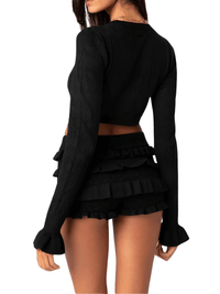 Thumbnail for Women's Long Sleeve Crop Top + Layered Ruffle Shorts 2-Piece Set -, Short Sets , Drestiny , Australia, Black, Casual Shirts, Crop Tops, Light Pink, Long Sleeves, New Zealand, Pink, Sets, Short Sets, Shorts, United Kingdom, United States, White , Drestiny , www.shopdrestiny.com