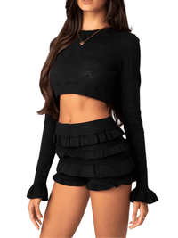 Thumbnail for Women's Long Sleeve Crop Top + Layered Ruffle Shorts 2-Piece Set -, Short Sets , Drestiny , Australia, Black, Casual Shirts, Crop Tops, Light Pink, Long Sleeves, New Zealand, Pink, Sets, Short Sets, Shorts, United Kingdom, United States, White , Drestiny , www.shopdrestiny.com