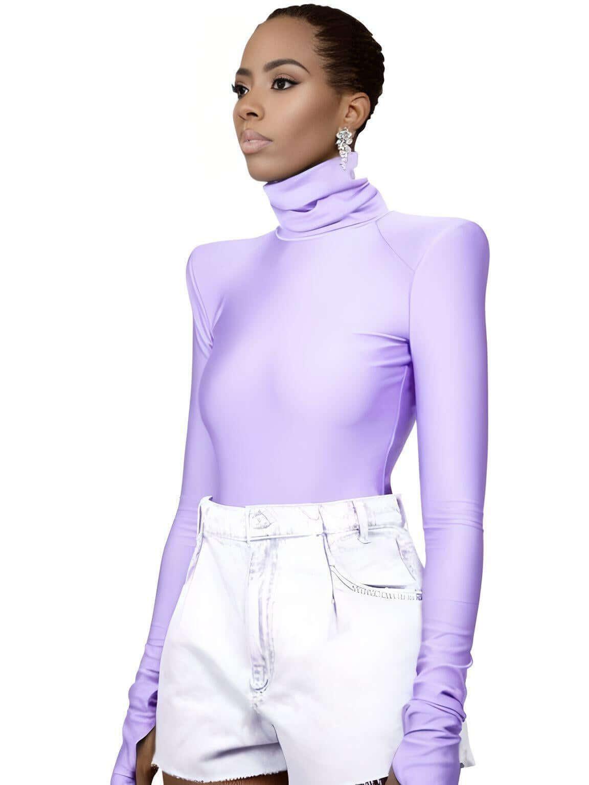 Women's Padded Shoulder Long Sleeve Turtleneck Bodysuit -, Bodysuit , Drestiny , Australia, Black, Bodysuits, Casual Shirts, Dress Shirts, Gender_Women, L, Light Purple, Long Sleeves, M, New Zealand, S, Turtlenecks, United Kingdom, United States , Drestiny , www.shopdrestiny.com