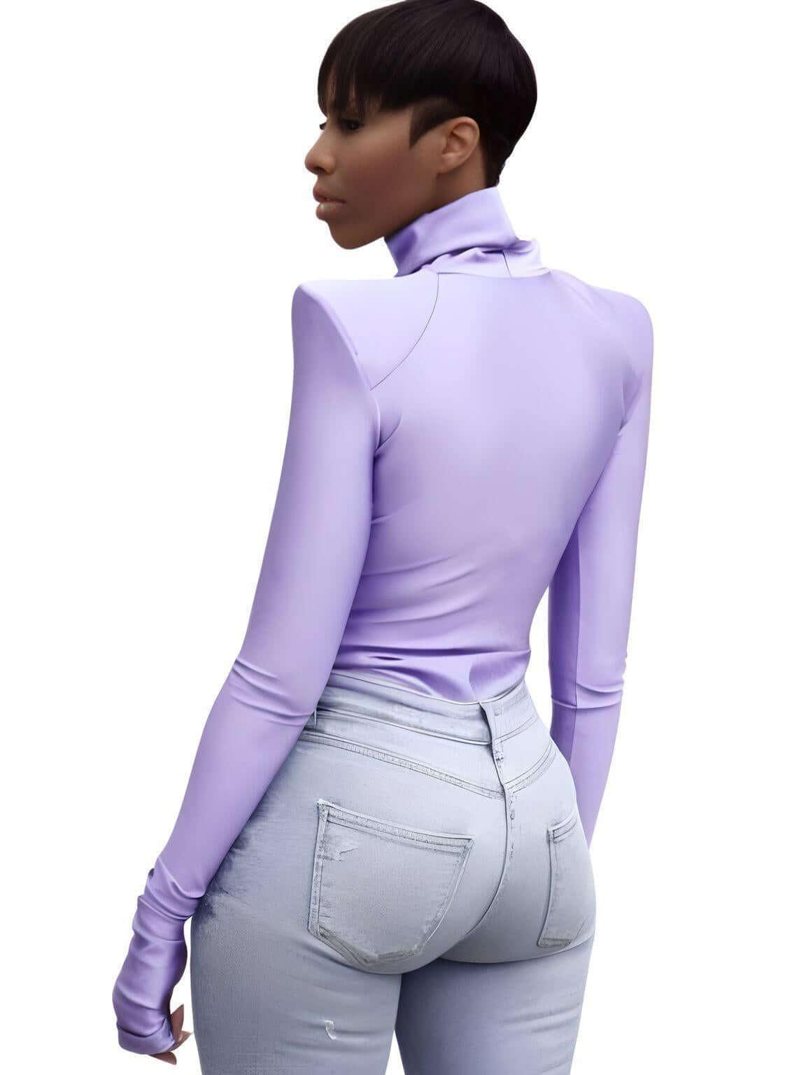 Women's Padded Shoulder Long Sleeve Turtleneck Bodysuit -, Bodysuit , Drestiny , Australia, Black, Bodysuits, Casual Shirts, Dress Shirts, Gender_Women, L, Light Purple, Long Sleeves, M, New Zealand, S, Turtlenecks, United Kingdom, United States , Drestiny , www.shopdrestiny.com