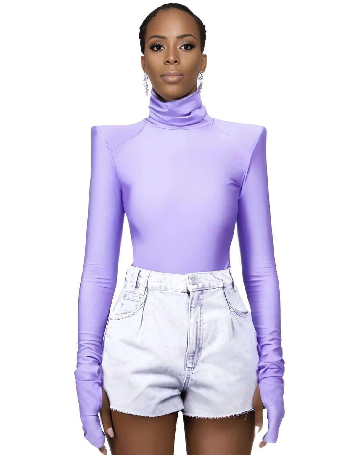 Women's Padded Shoulder Long Sleeve Turtleneck Bodysuit -, Bodysuit , Drestiny , Australia, Black, Bodysuits, Casual Shirts, Dress Shirts, Gender_Women, L, Light Purple, Long Sleeves, M, New Zealand, S, Turtlenecks, United Kingdom, United States , Drestiny , www.shopdrestiny.com