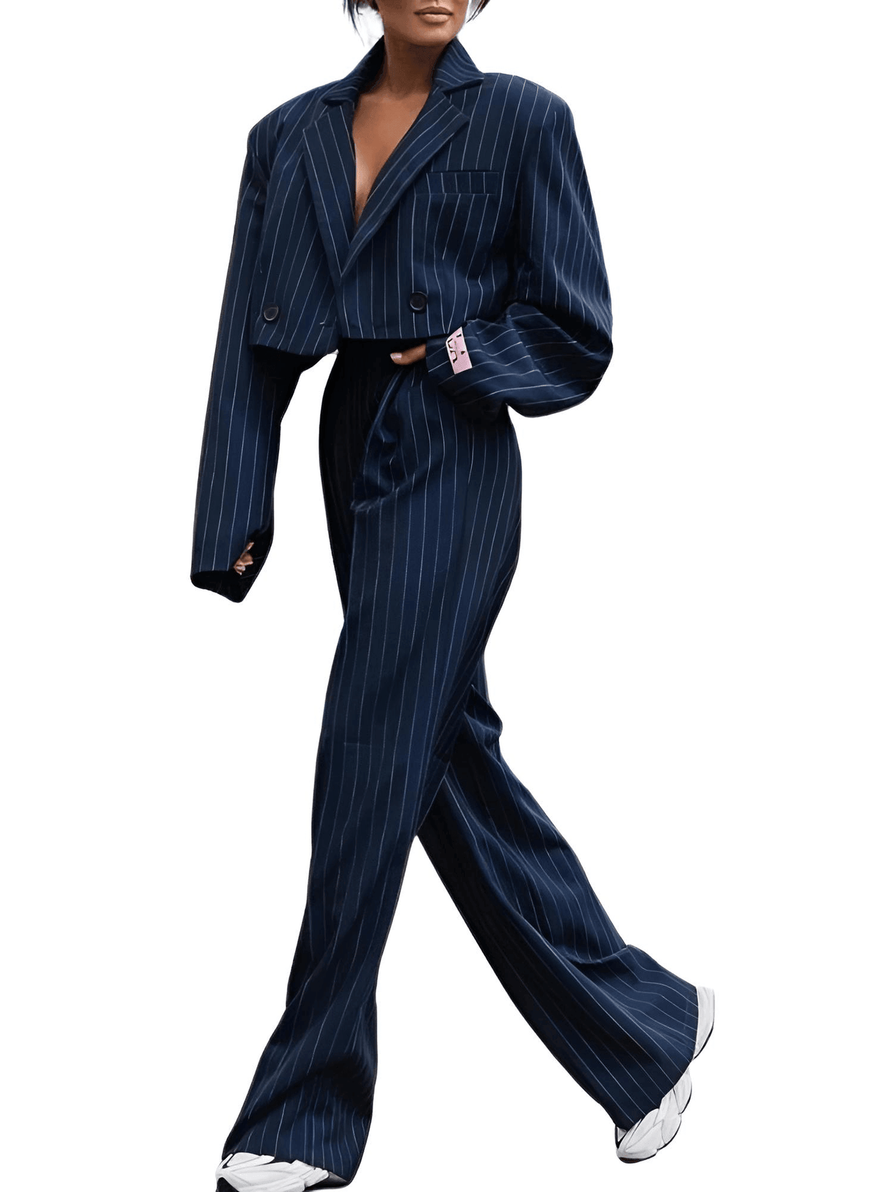 Women's Pant Suits - Striped Crop Blazer & Straight Wide Leg Pants Suit -, Pant Suits , Drestiny , Australia, Blazers, Canada, Dark Blue, Dress Pants, Grey, Jackets, L, Long Sleeves, M, Navy, New Zealand, Pant Suits, Pants Sets, S, United Kingdom, United States, XL , Drestiny , www.shopdrestiny.com